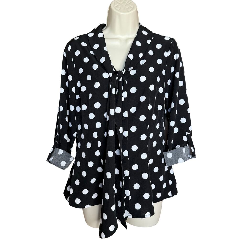 Unique Vintage Black White 3/4 Sleeve Polka Dot Blouse M NWOT
